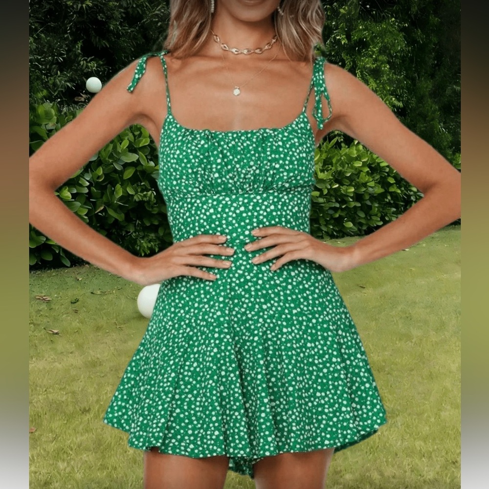 Boho green and white polka dots print tie shoulder romper